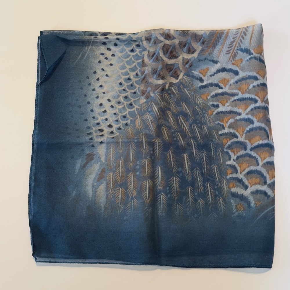 George Made in Italy Blue Grey Feather Print Square Scarf Cottagecore 20" square